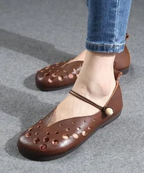 Cowhide Chocolate Leather Flat Shoes For Women Hollow Out Flat Shoes