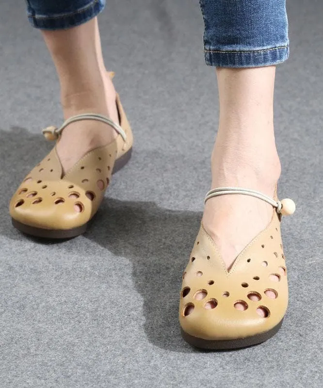 Cowhide Chocolate Leather Flat Shoes For Women Hollow Out Flat Shoes