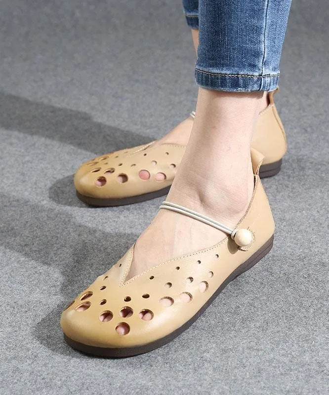 Cowhide Chocolate Leather Flat Shoes For Women Hollow Out Flat Shoes