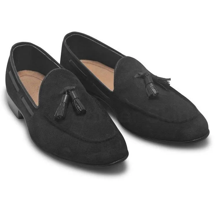Men Black Tassel Handmade Suede Leather Shoes