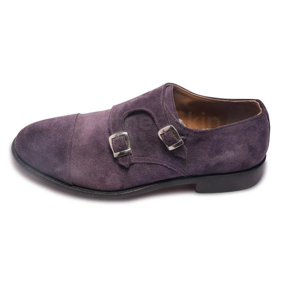 Men Purple Double Monk Suede Leather Shoes