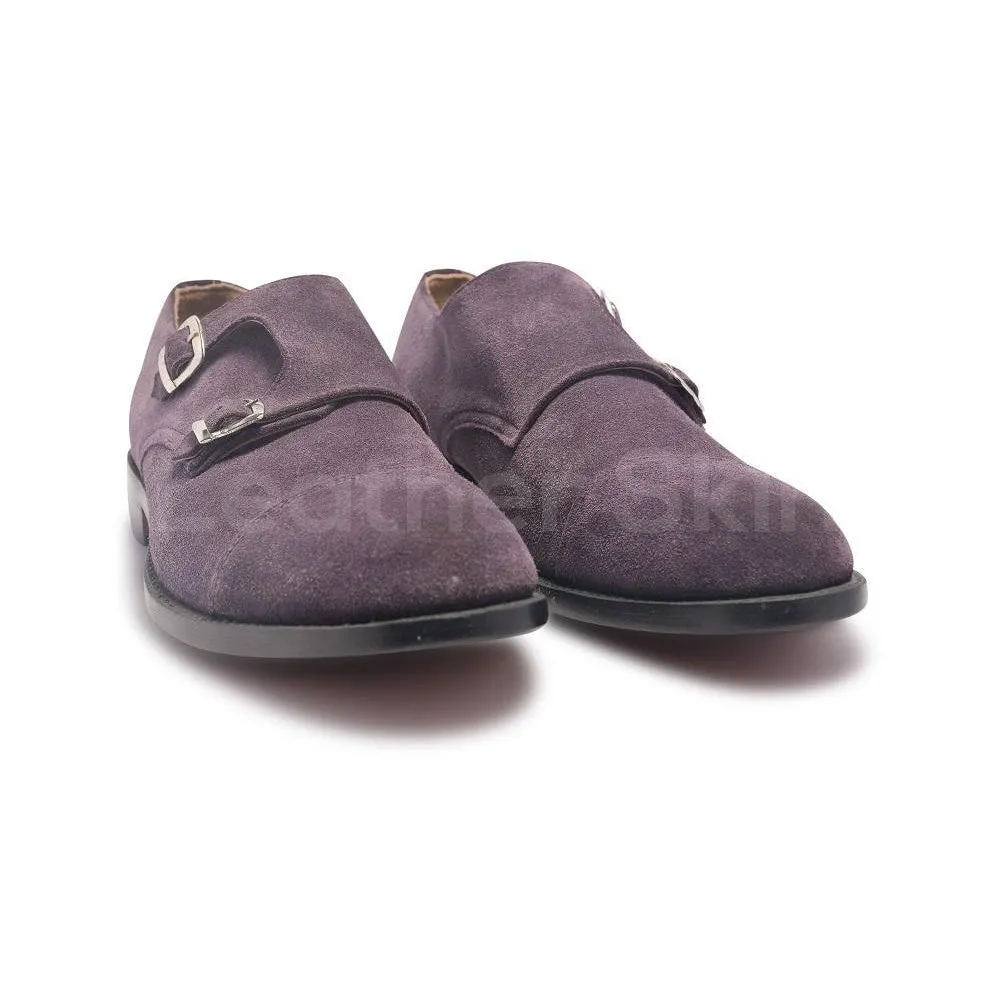 Men Purple Double Monk Suede Leather Shoes