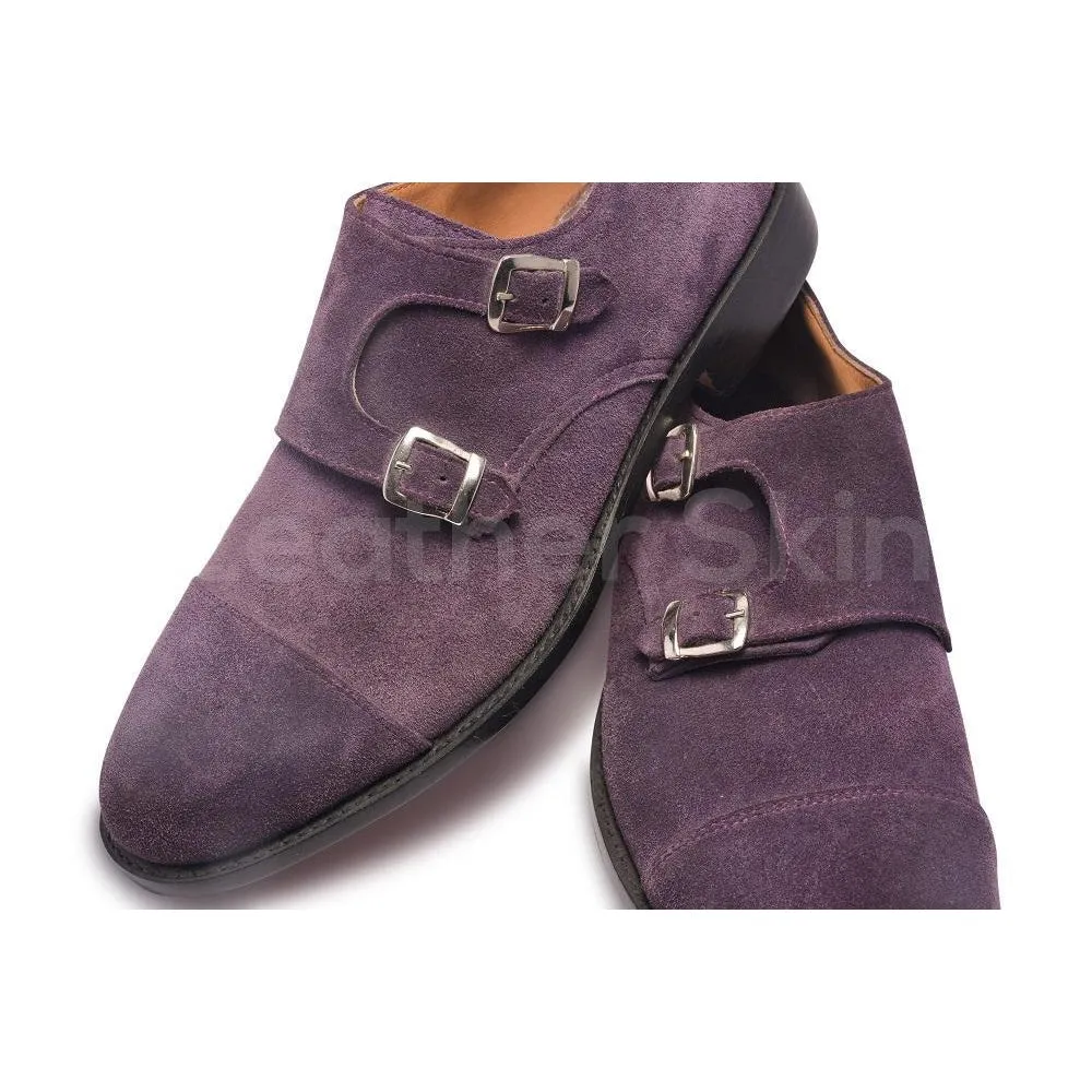Men Purple Double Monk Suede Leather Shoes