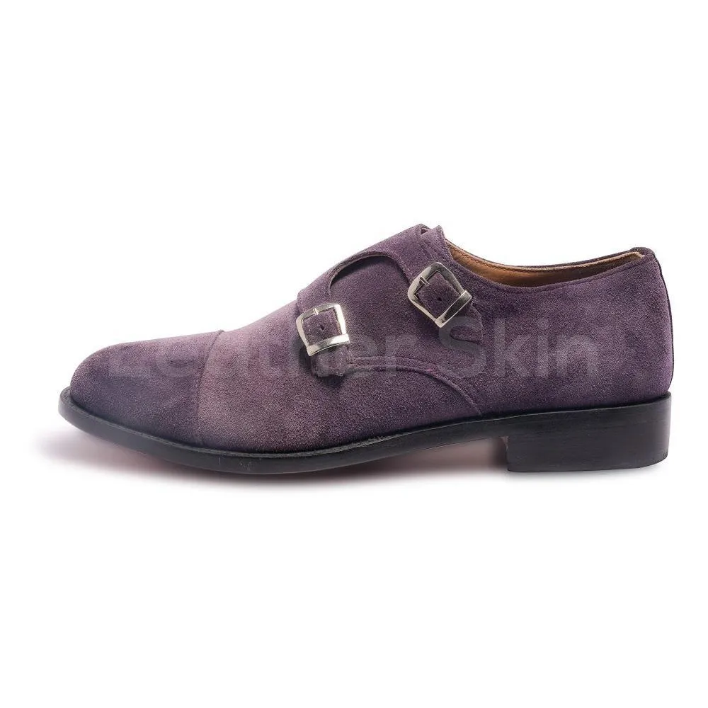 Men Purple Double Monk Suede Leather Shoes
