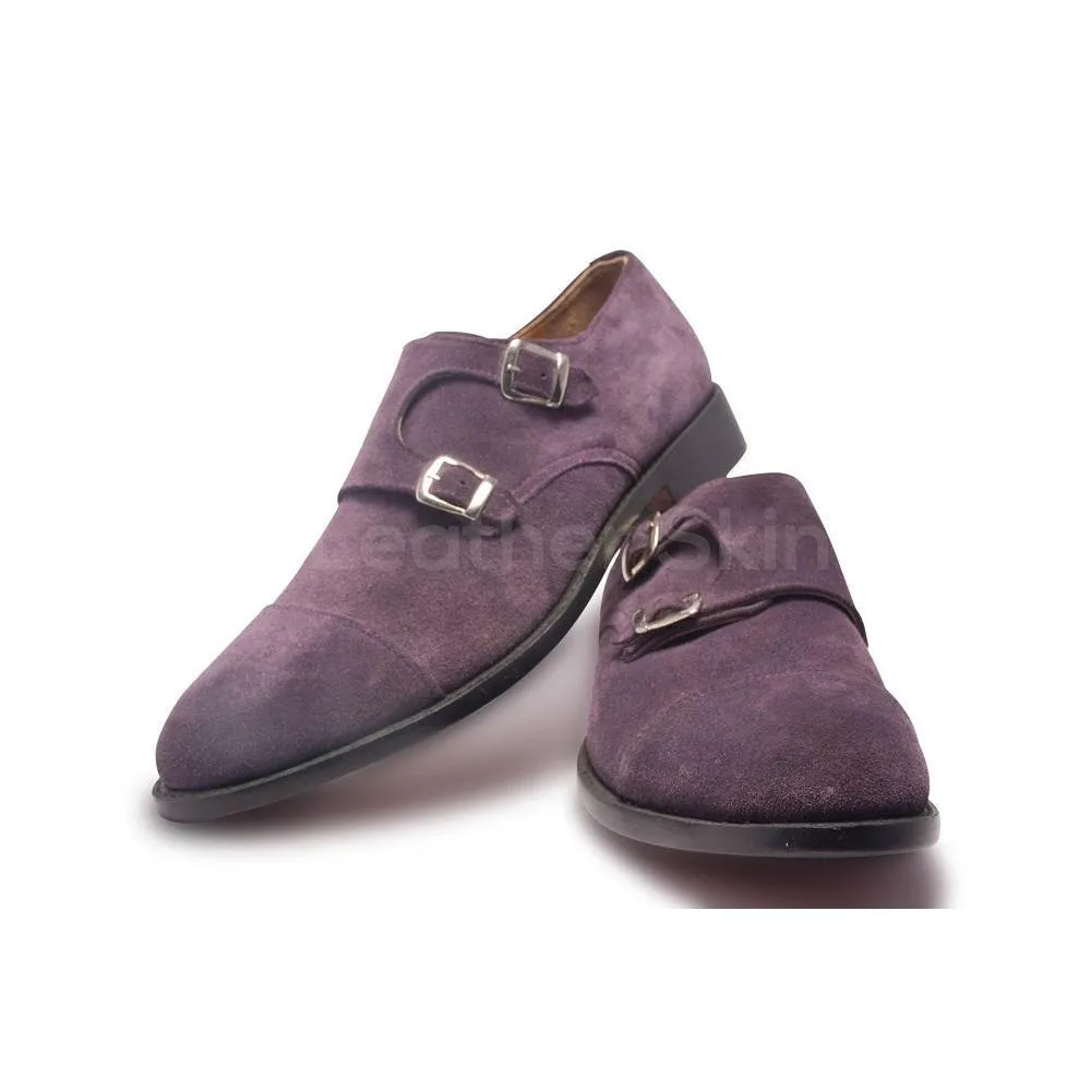 Men Purple Double Monk Suede Leather Shoes