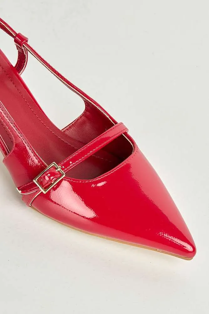 Moranna Buckle Strap Kitten Heel Court Shoes in Red