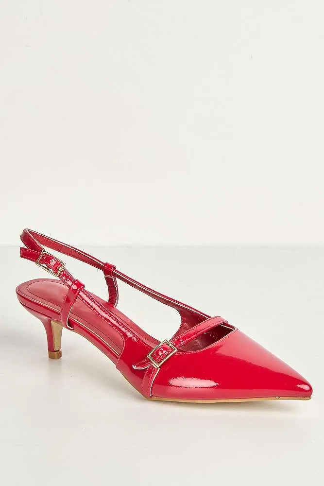 Moranna Buckle Strap Kitten Heel Court Shoes in Red