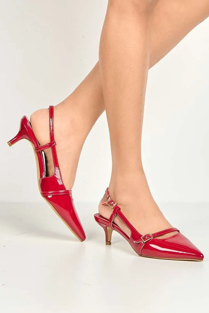 Moranna Buckle Strap Kitten Heel Court Shoes in Red