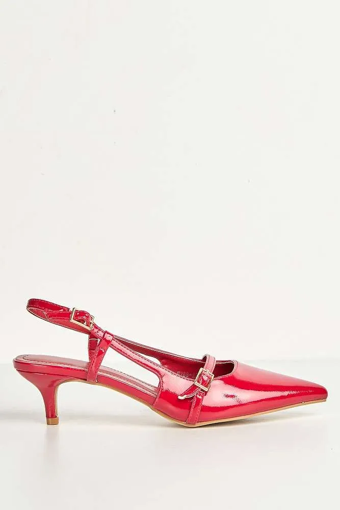 Moranna Buckle Strap Kitten Heel Court Shoes in Red
